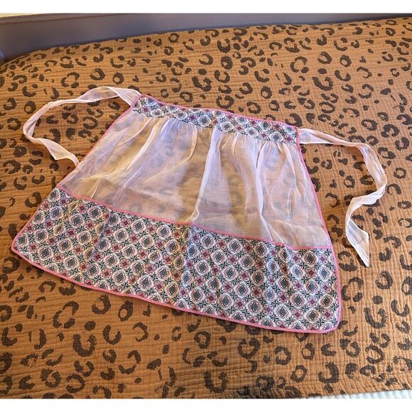 Vintage Pink Semi-Sheer Half Apron Black Geometric Pattern - Picture 1 of 6